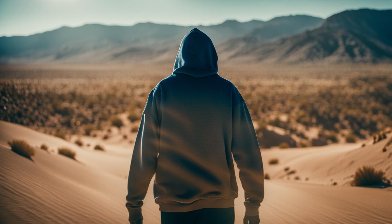 Hooded Figure Walking in Desert, Cinematic Still