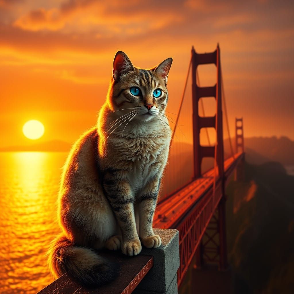 Majestic Cat on Golden Gate Bridge in Warm Golden Light