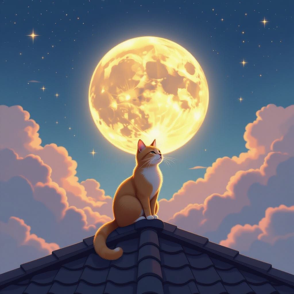 Golden Cat on Rooftop Under Full Moon, Pastel Digital Art