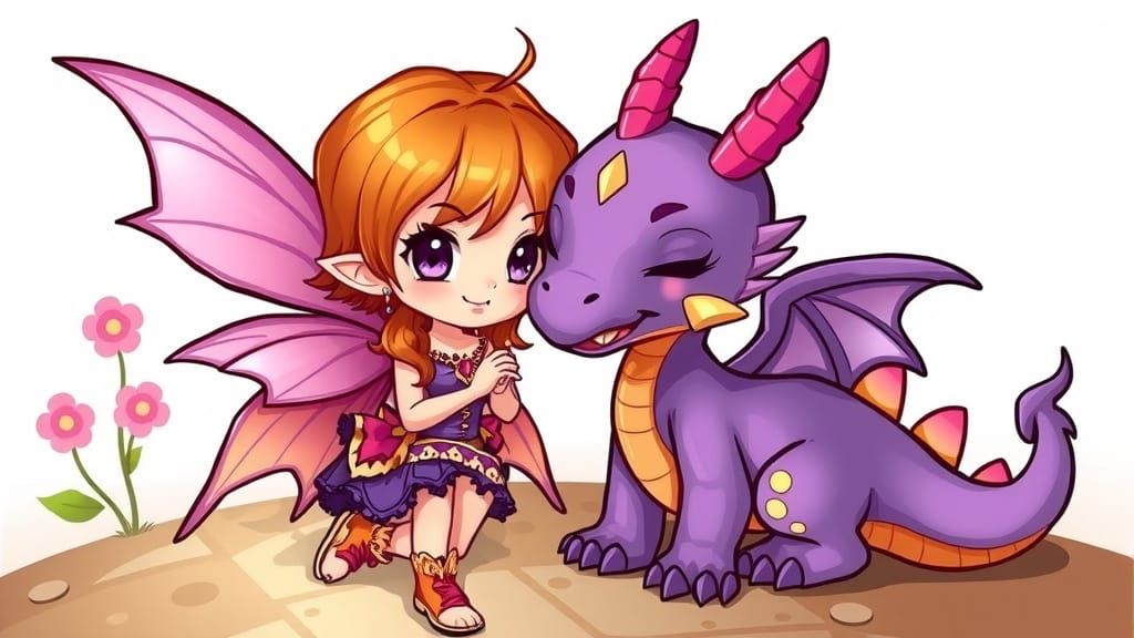 Chibi Fairy and Dragon in Vibrant Colors