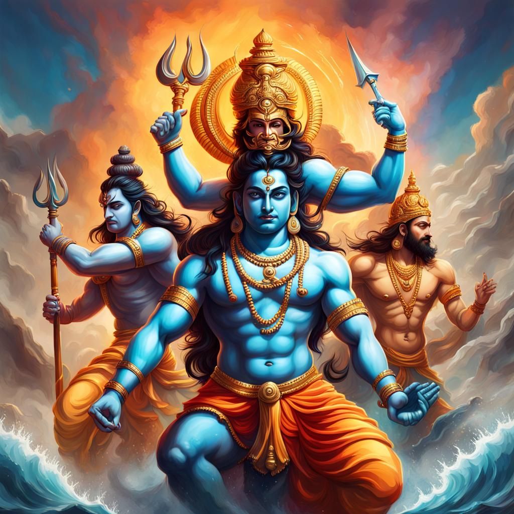 Hyperrealistic Hindu Gods Clash: Shiva, Vishnu, Brahma