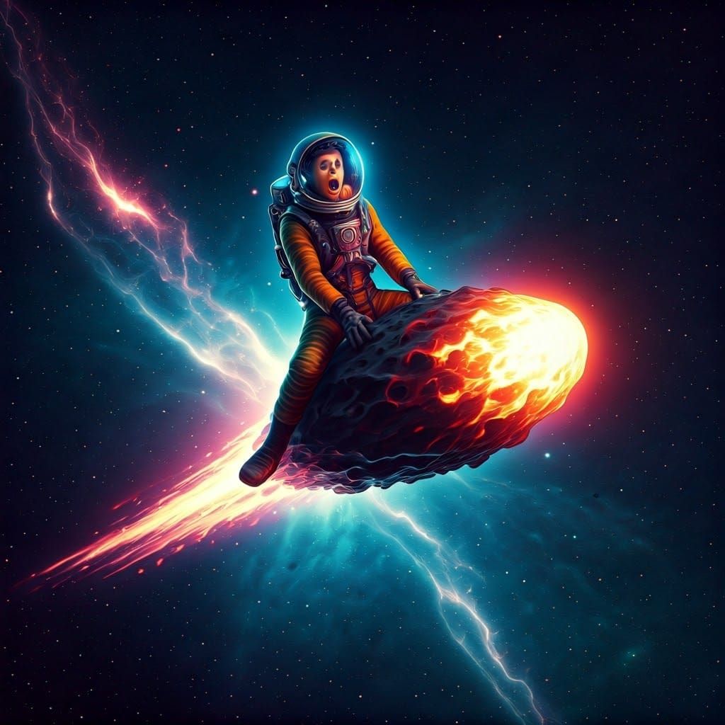 Cosmic Rider in Surreal Spacesuit Amidst Swirling Stars