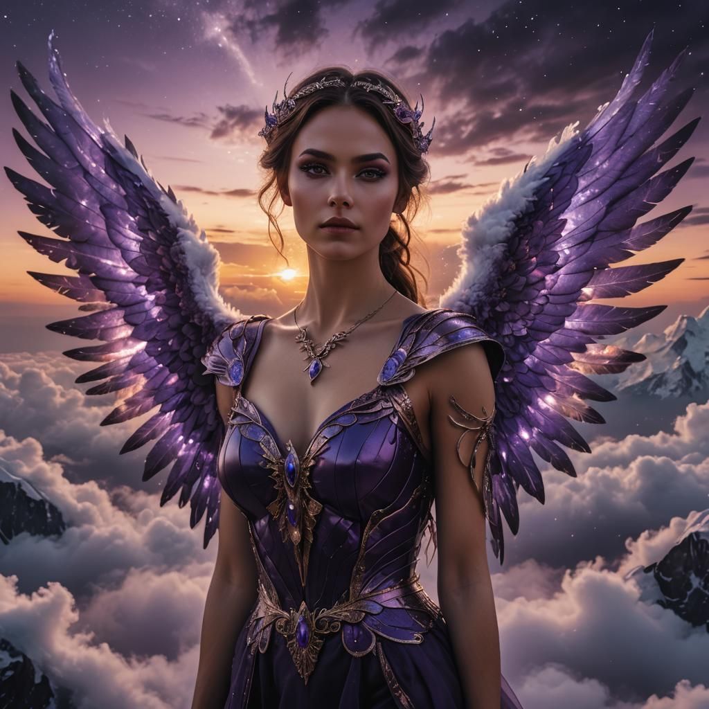 Mystical Girl with Purple Wings at Sunset