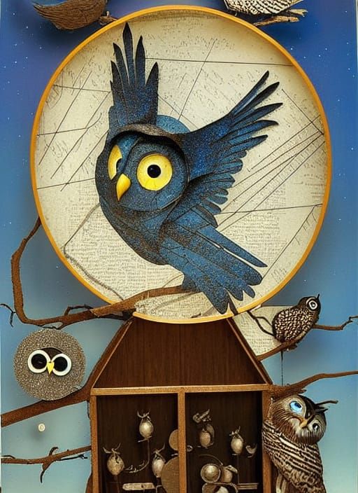 Detailed Owl Collage in Mixed Media Style