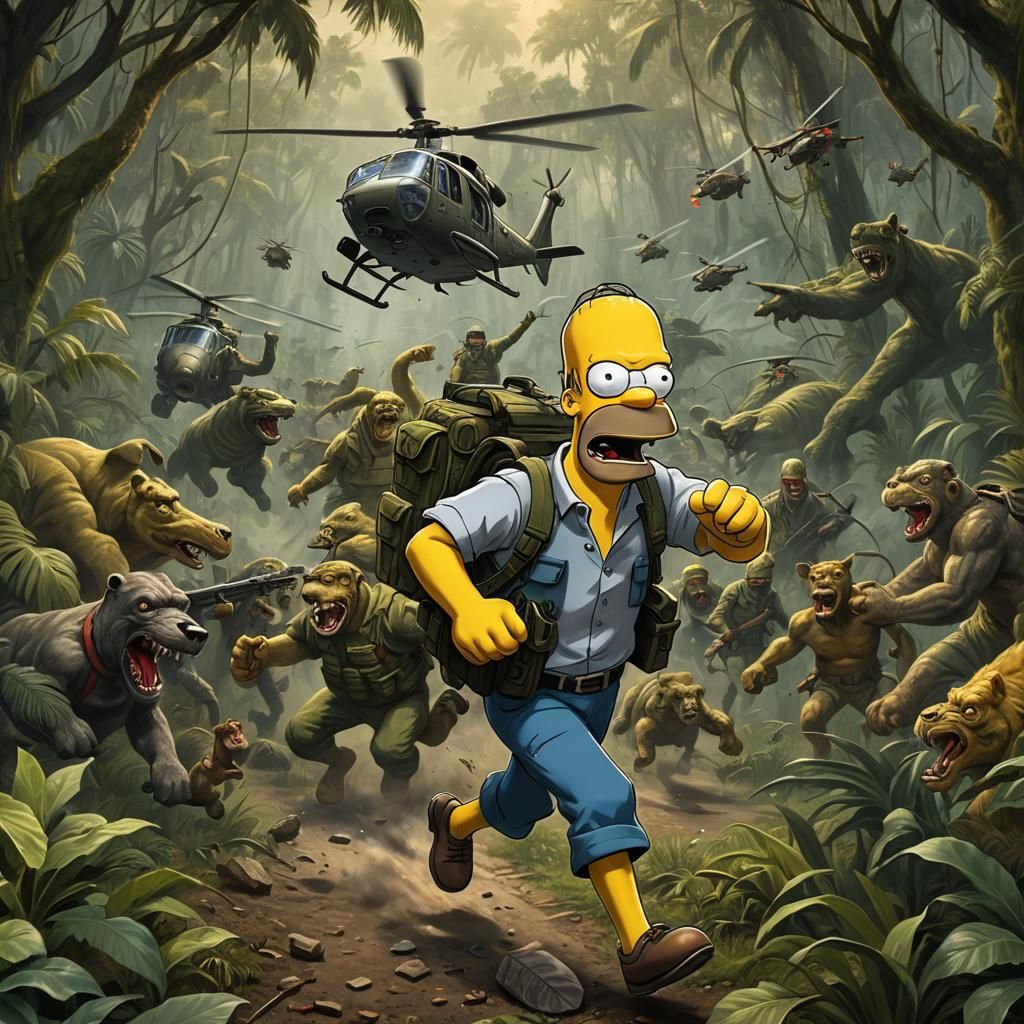 Homer Simpson Jungle Escape in Horror Style