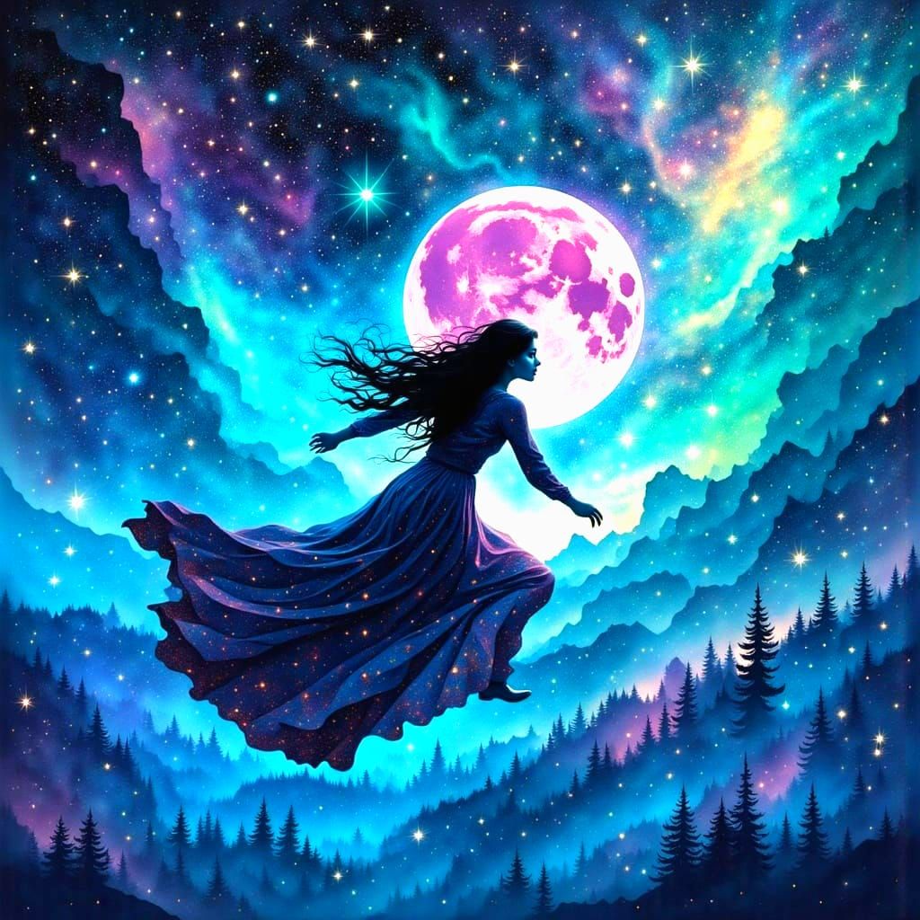 Surreal Cosmic Night Sky with a Lovely Woman on a Magical Ca...