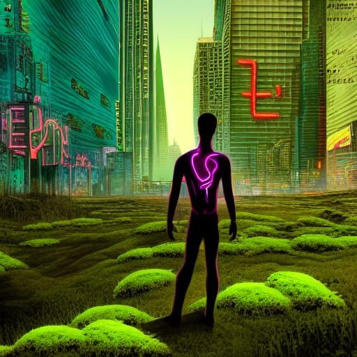 Moss-Covered Cyborg Gazing at Neon City in Future
