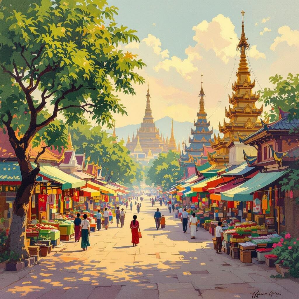 Picturesque Kyaukse Cityscape in Impressionist Style