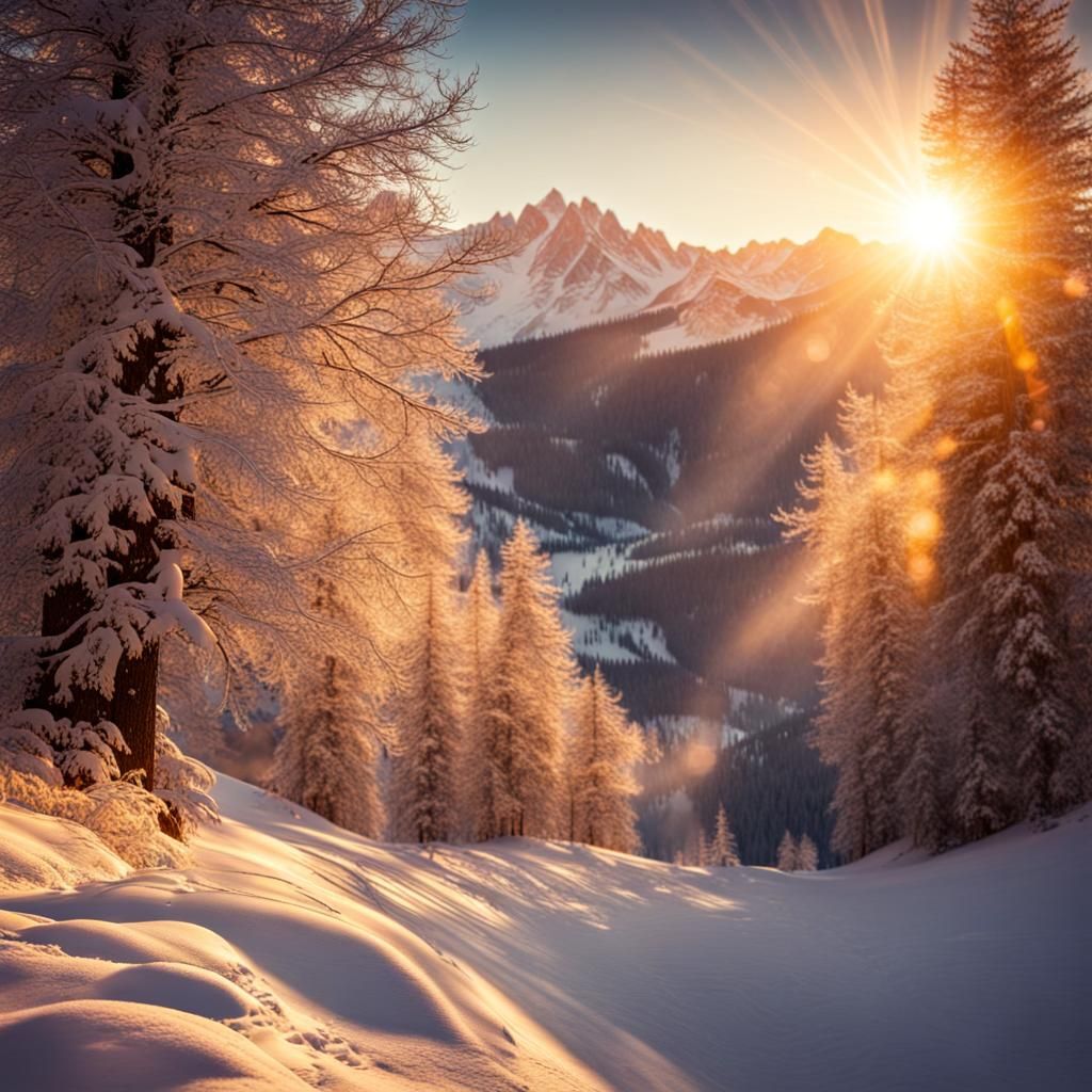 Sunrise over the mountains. Alps winter. Brilliant sunlight through Snowflakes.