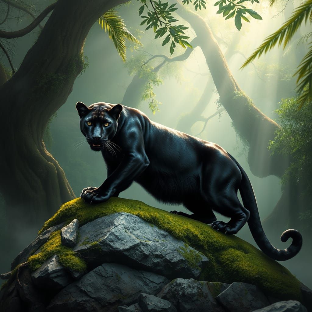 Black Panther in Misty Rainforest, Hyperrealistic Image