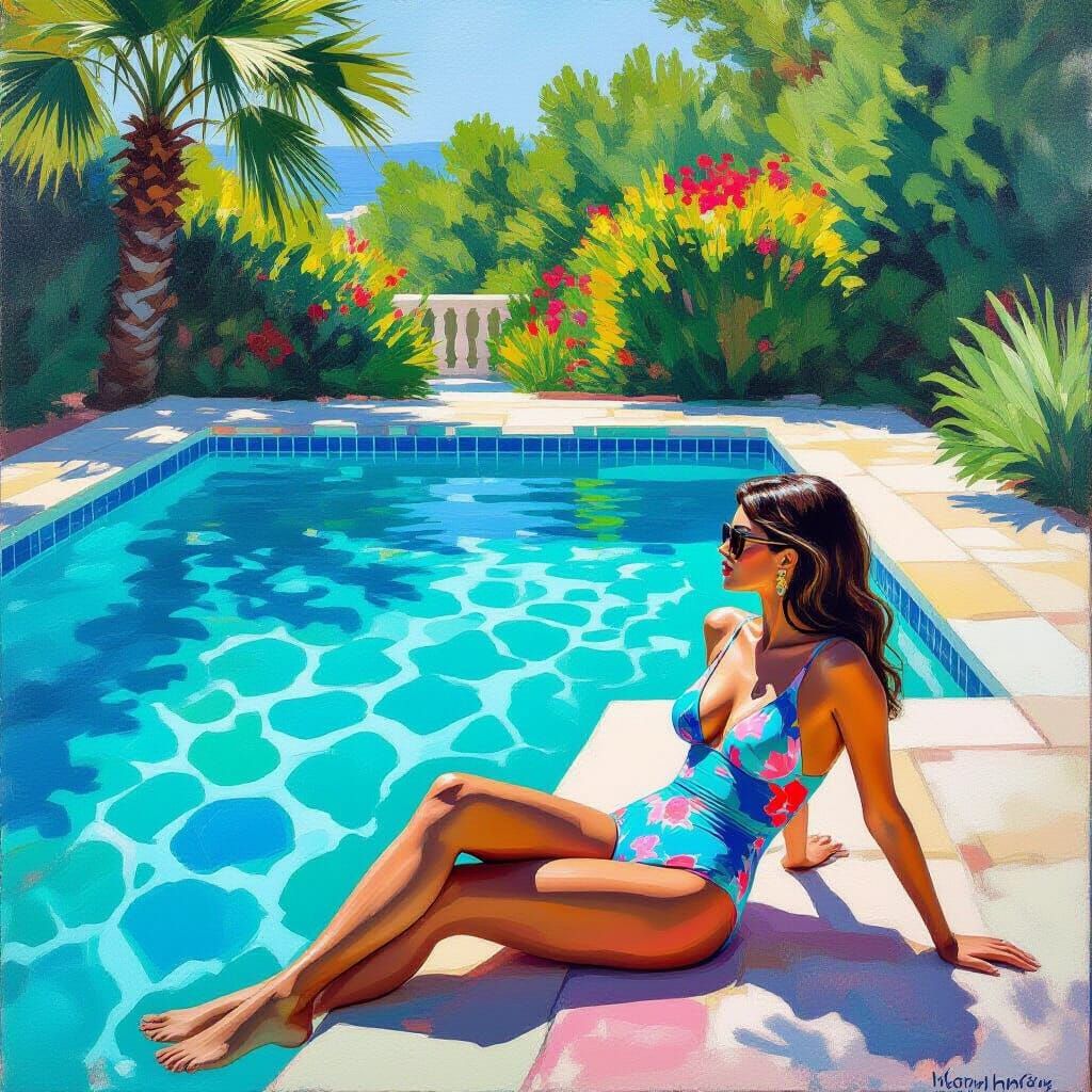 Serene Woman by Turquoise Pool in Bold Impressionist Style