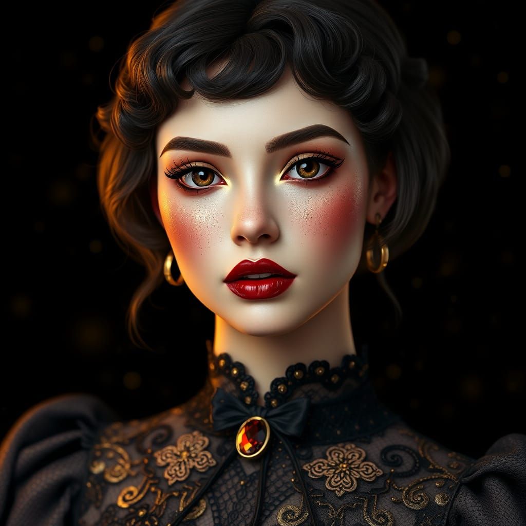 Hyper-Realistic 3D Portrait of a Young Woman in Gold and Bur...