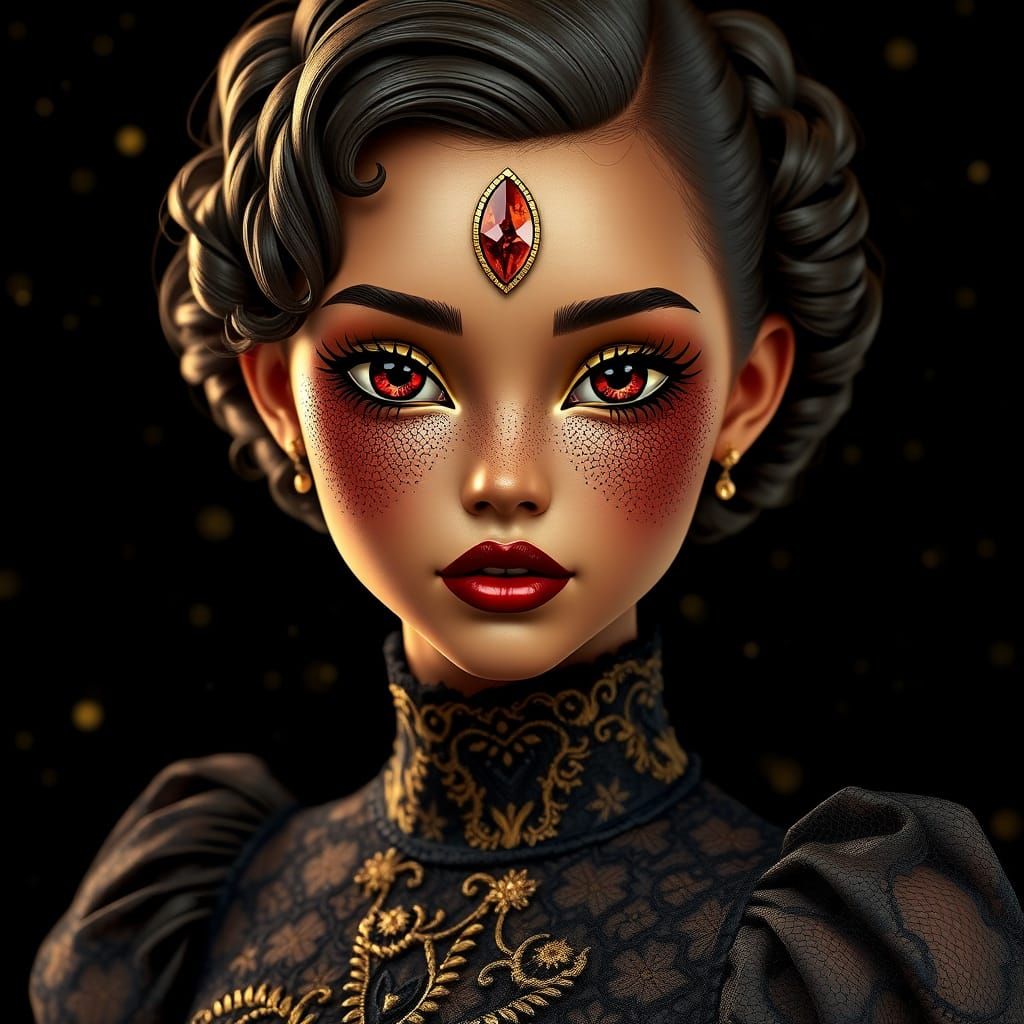 Golden Goddess with Shimmering Freckles and Burgundy Lip Col...