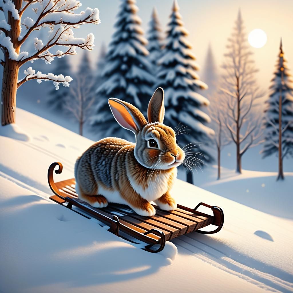 Whimsical Winter Wonderland with Rabbit Sled in Snowy Scene