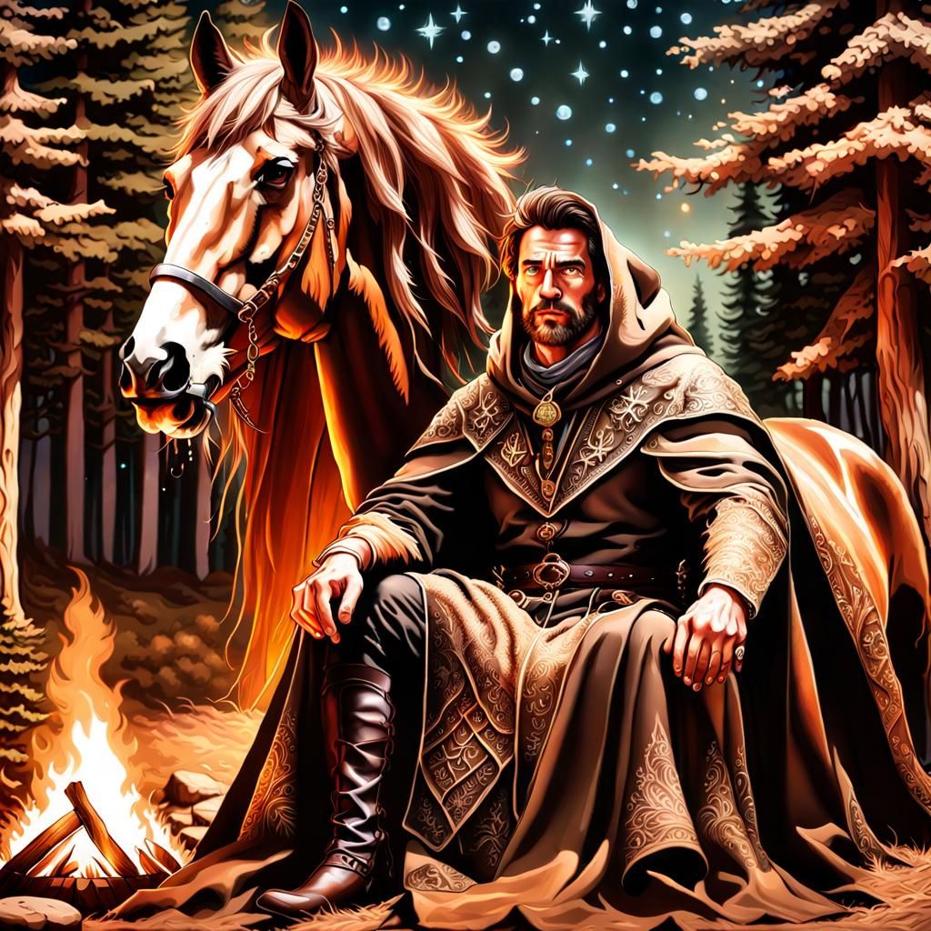Eerie Fantasy: Man and Horse by Campfire