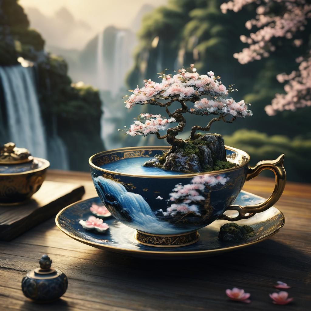 Fantasy Japanese Teacup with Miniature Landscape