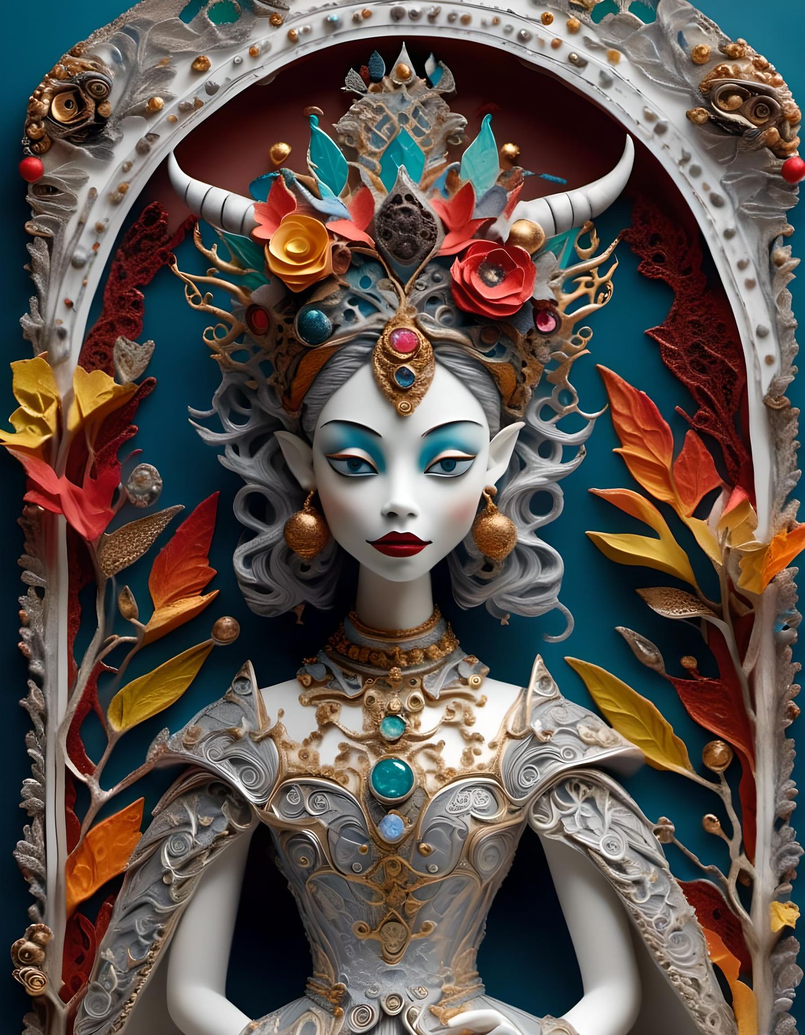 Ornate Demon in Silk Dress, Mixed Media Collage