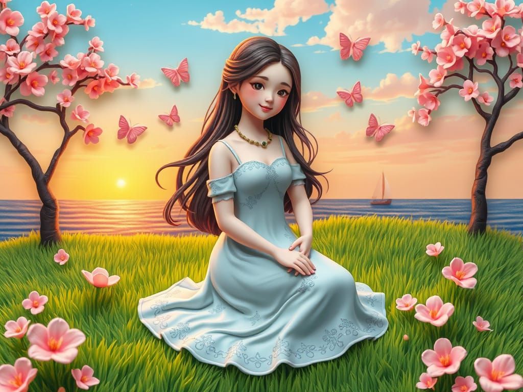 Clay Art Serene Woman on Meadow at Sunset