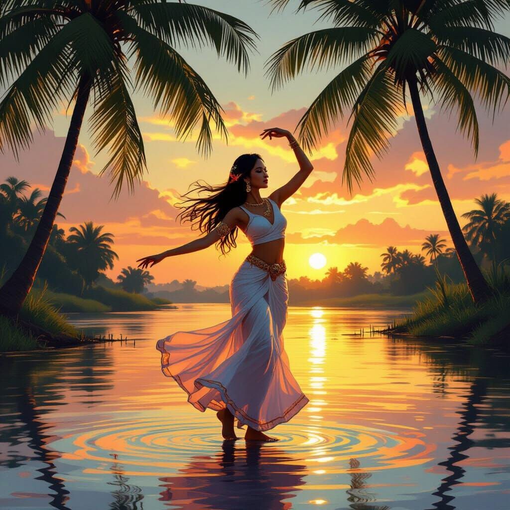 Khmer Dancer at Golden Sunset by River, Digital Painting