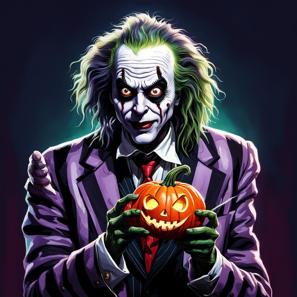 Hyperrealistic Beetlejuice with Bloody Jack-o-Lantern