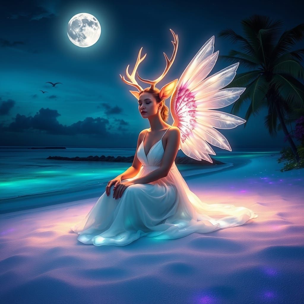 Angel-Deer Hybrid on Glowing Beach in Fantasy Realism