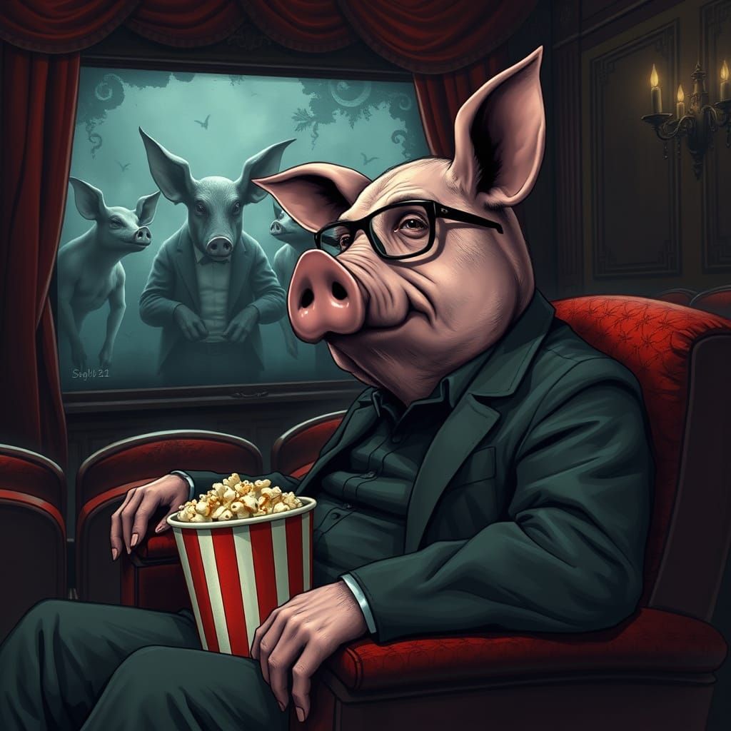 Pig-Headed Man Watching Piglin Movie in Theatre