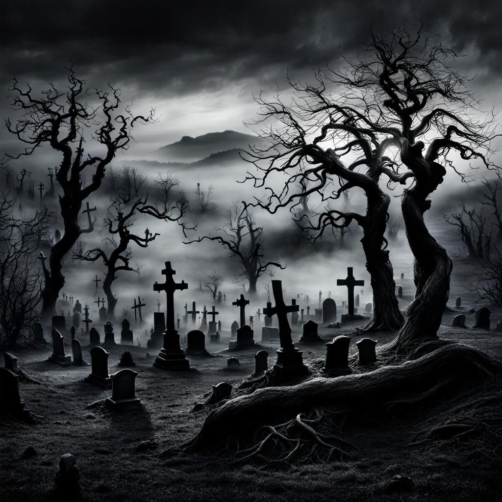 Creepy Graveyard: Sinister Trees in Barren Landscape