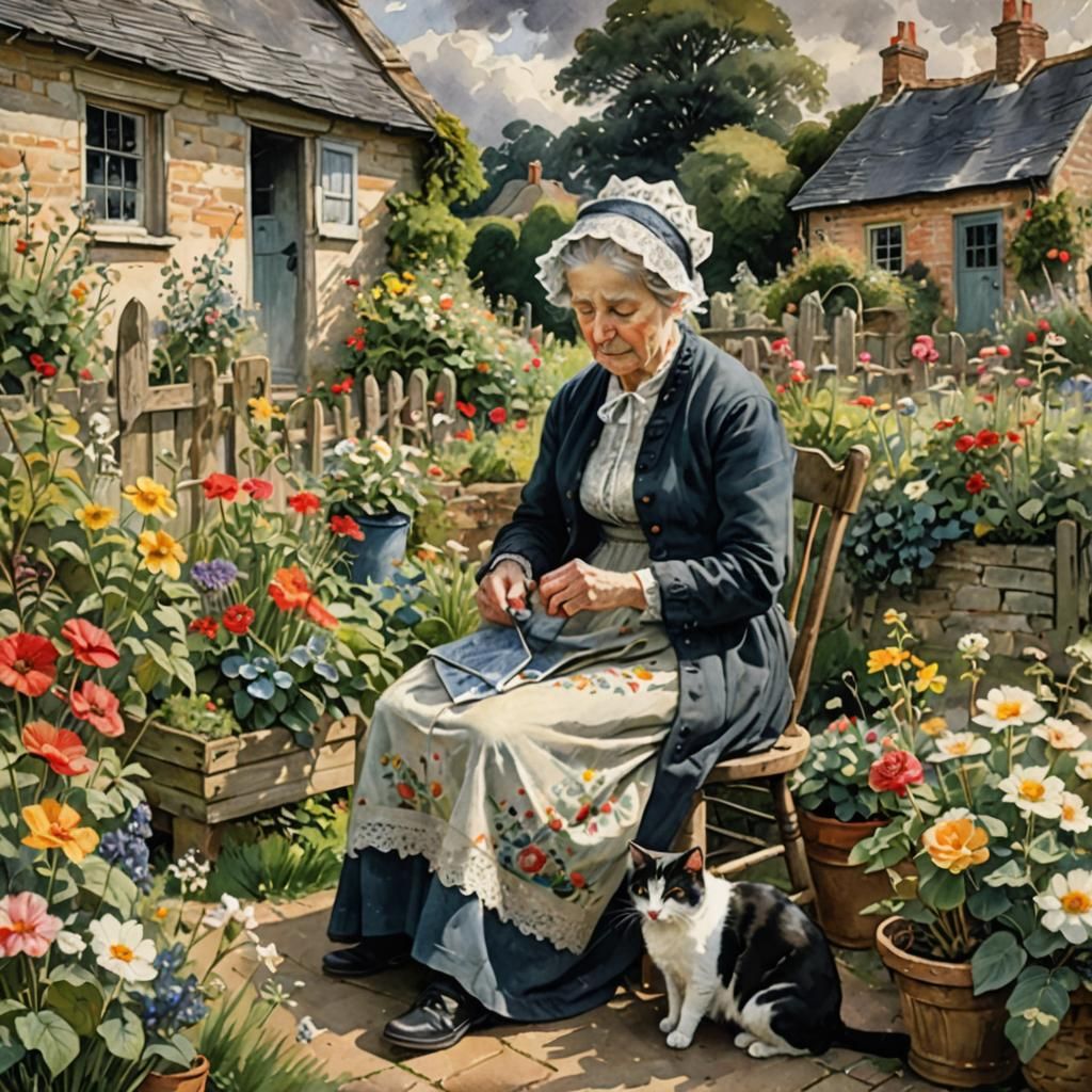 Elderly Woman Sewing in Cottage Garden Watercolour