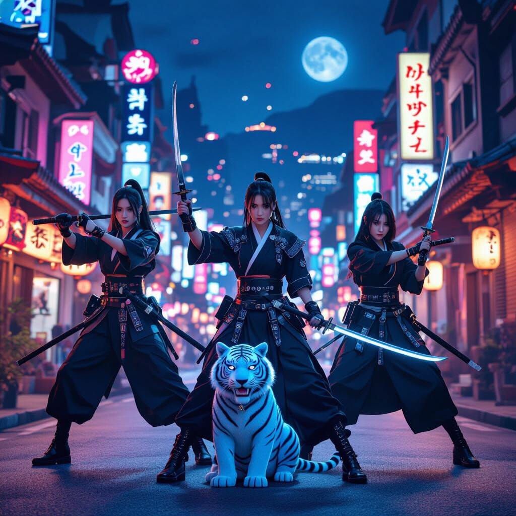 Dynamic KPop Demon Hunters in Neon Seoul Nightscape