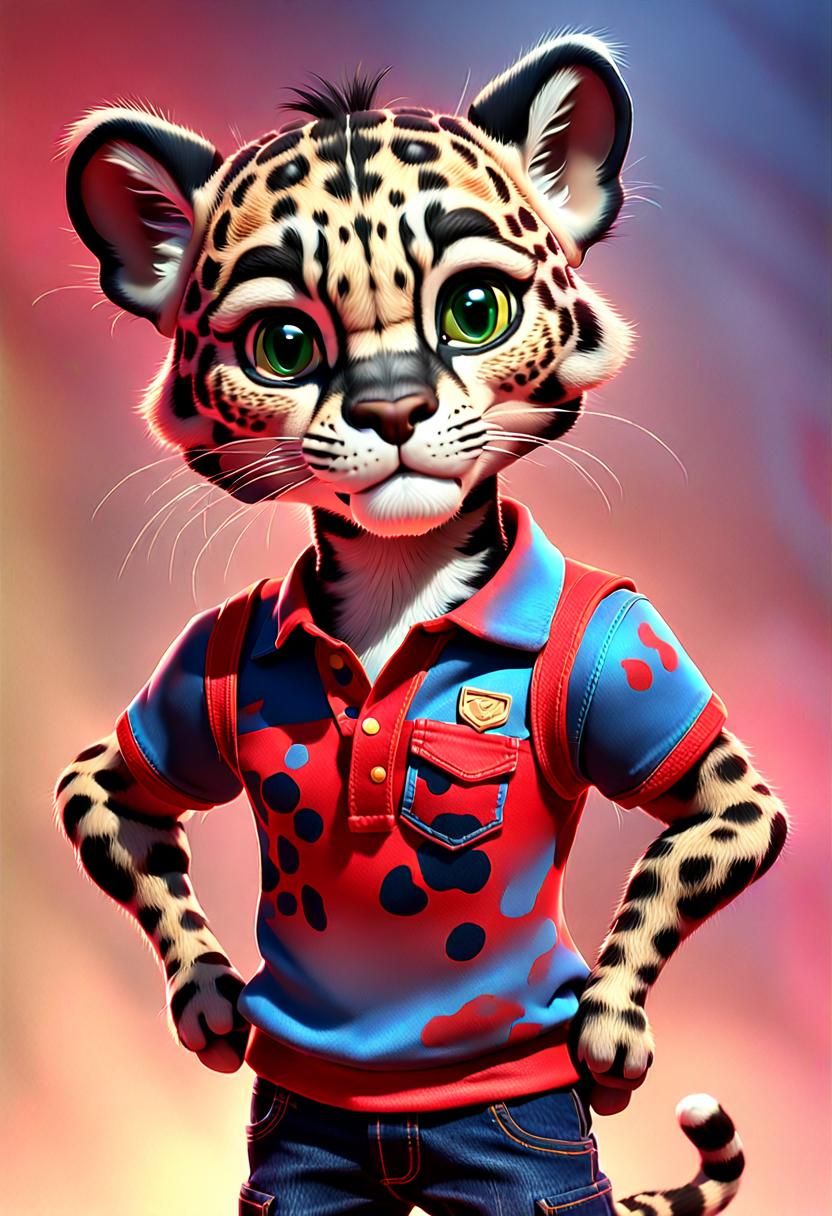 An anthropomorphic  male clouded leopard cub wear a red tank...