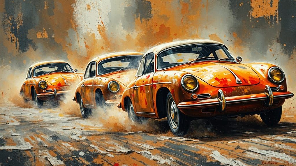 Vibrant Oil Painting of Old Porsches in a Rotten, Smoky Chao...