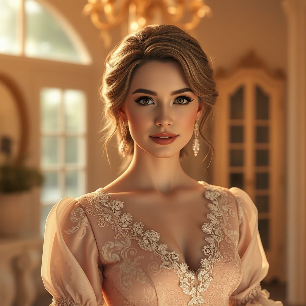 Elegant Woman in Golden Shabby Chic Outfit