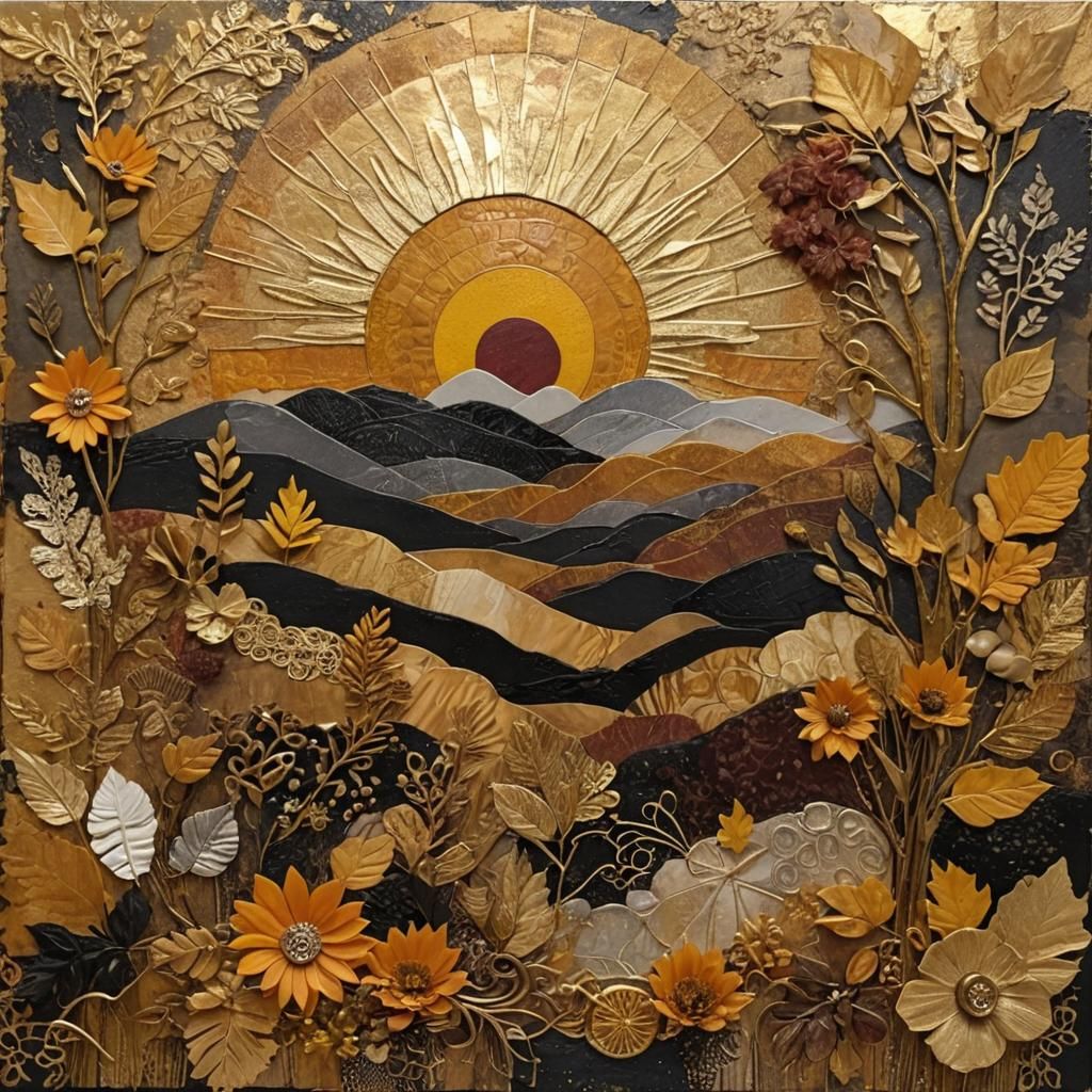 Autumn Sunrise Mixed Media Collage with Textures