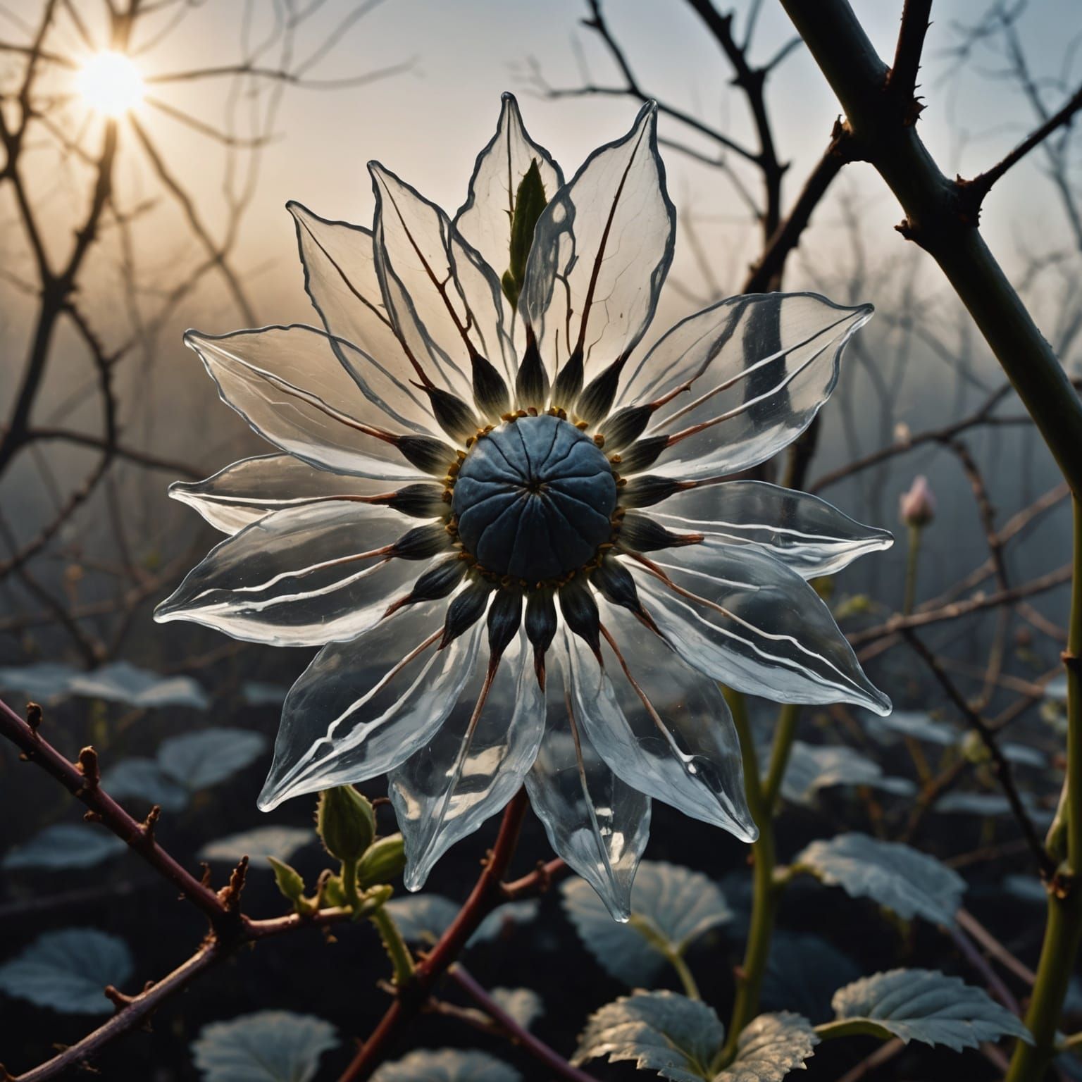 Eerie Flower in Haunted Greenhouse: Surrealist Image