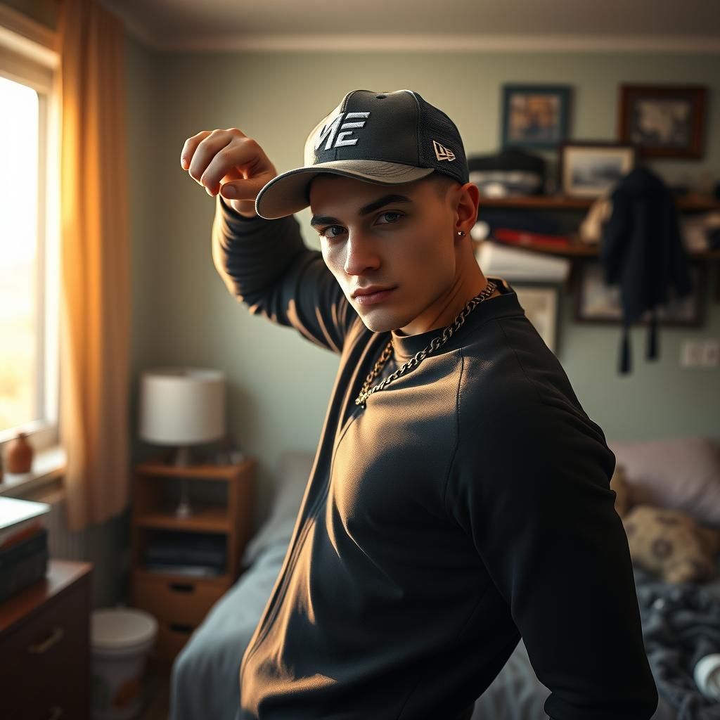 Hyperrealistic Young Man Flexing in Sunlit Bedroom