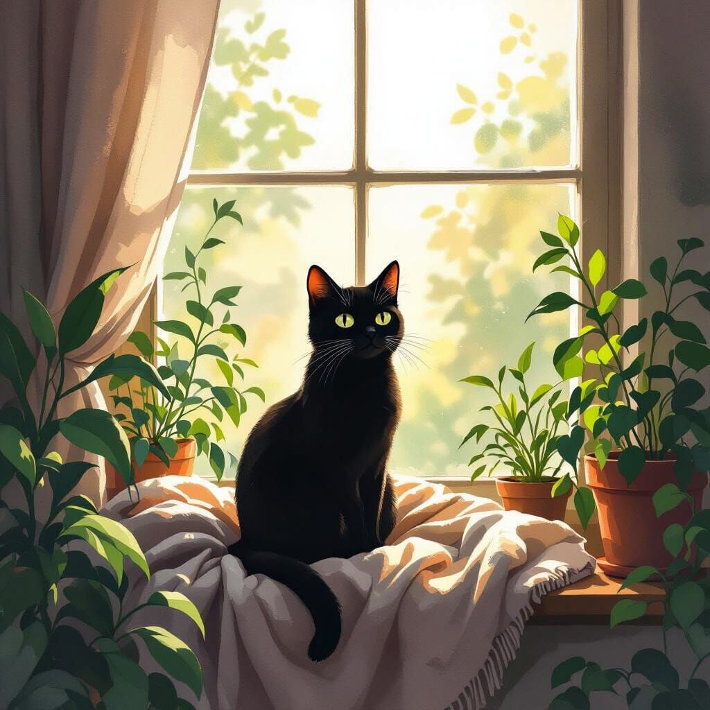 Black Cat in Sunlight: Watercolor Style