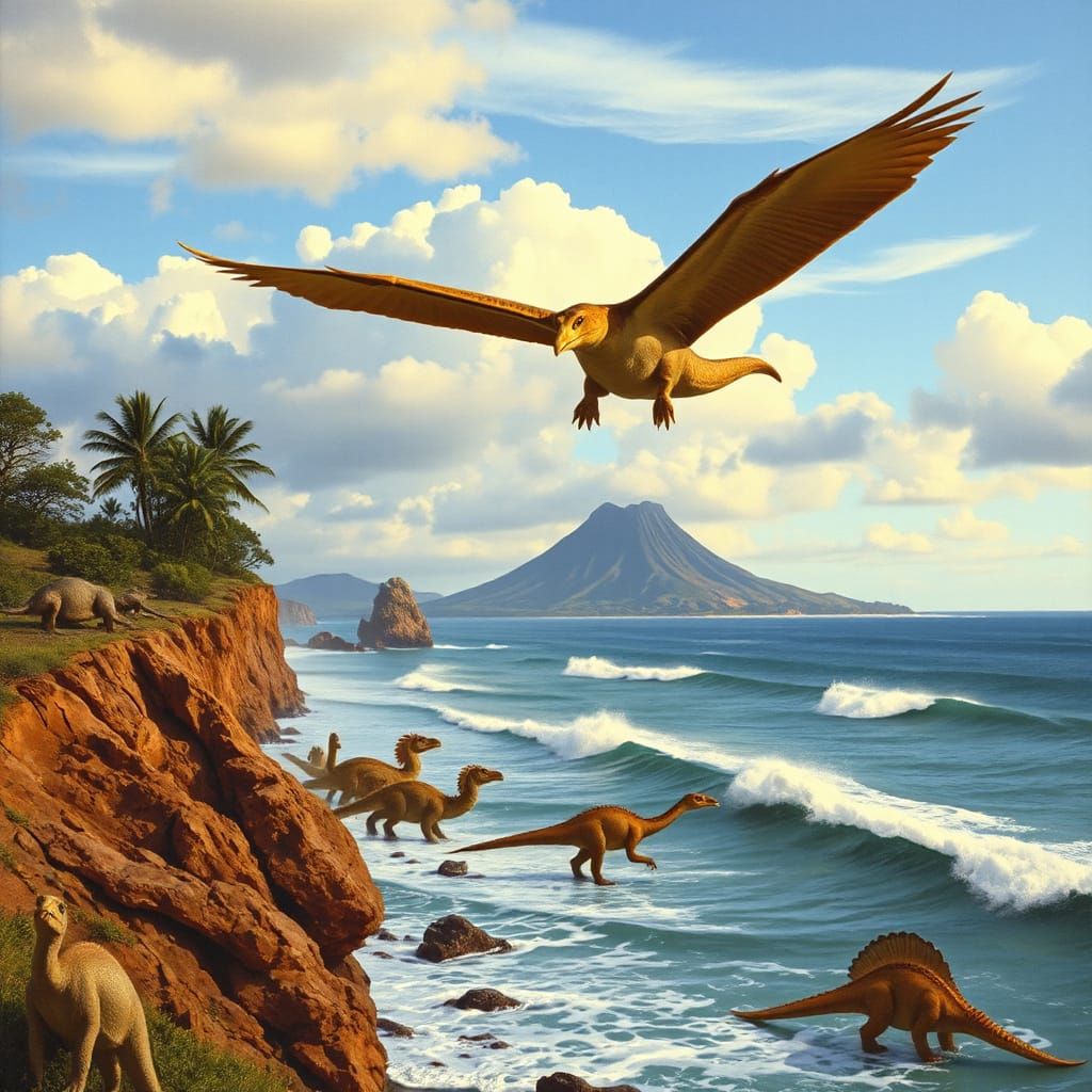 A Pterodactyl soars through the skies above a prehistoric co...