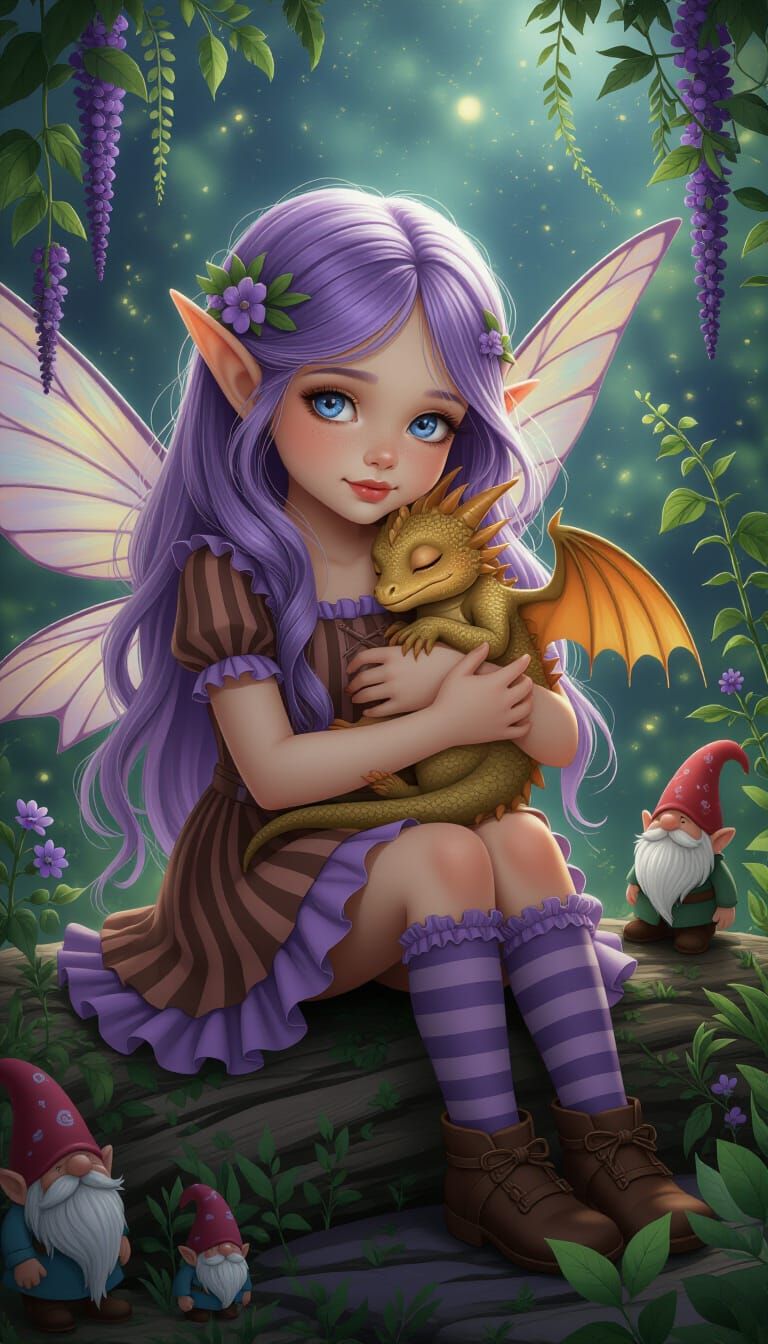 Tiny Fairy Girl Cradles Sleeping Dragon in Magical Forest