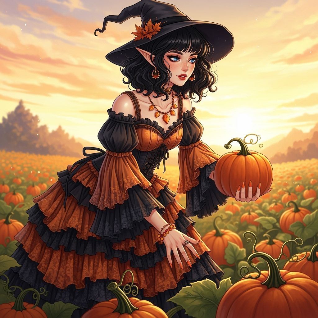 Whimsical Witch Picks Pumpkins at Sunset