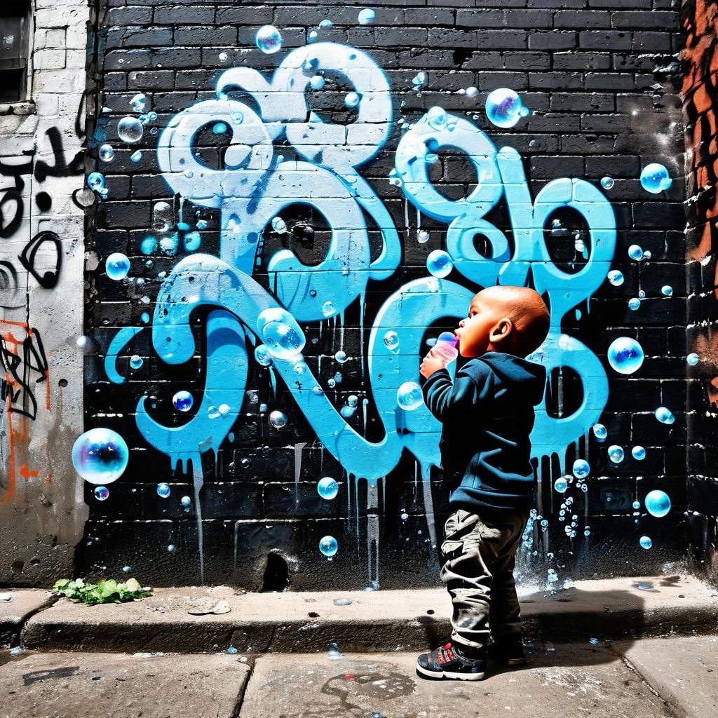 Baby Blowing Bubbles in Urban Stencil Graffiti