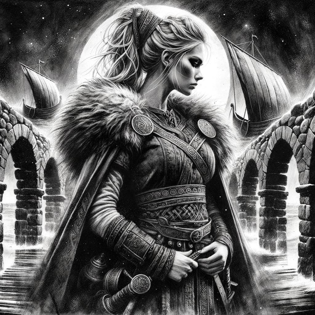 Norse Goddess Dreams of Viking Longboats in Charcoal Style