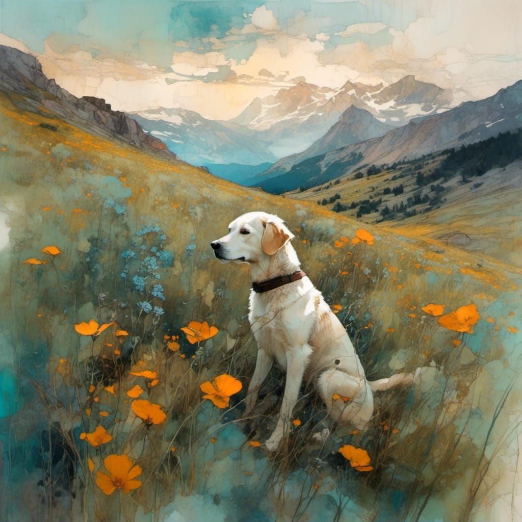 Boy and Dog Hiking Through Art Nouveau Meadow