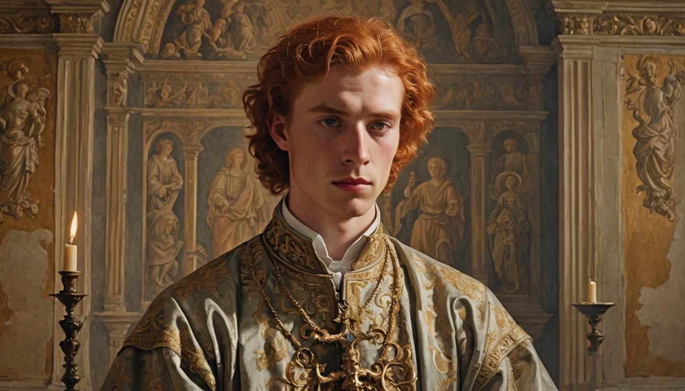 Baroque Portrait of Red-Haired Man with Candelabras