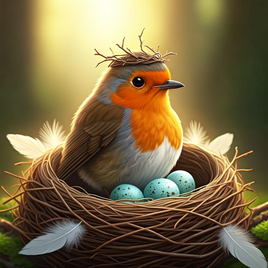 Robin with Crown in Nest, Whimsical Illustration