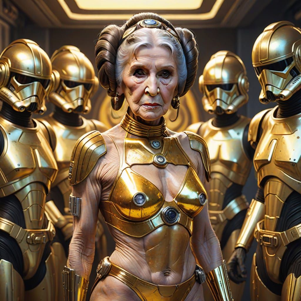 Hyperrealistic Elderly Leia in Gold Bikini Concept Art