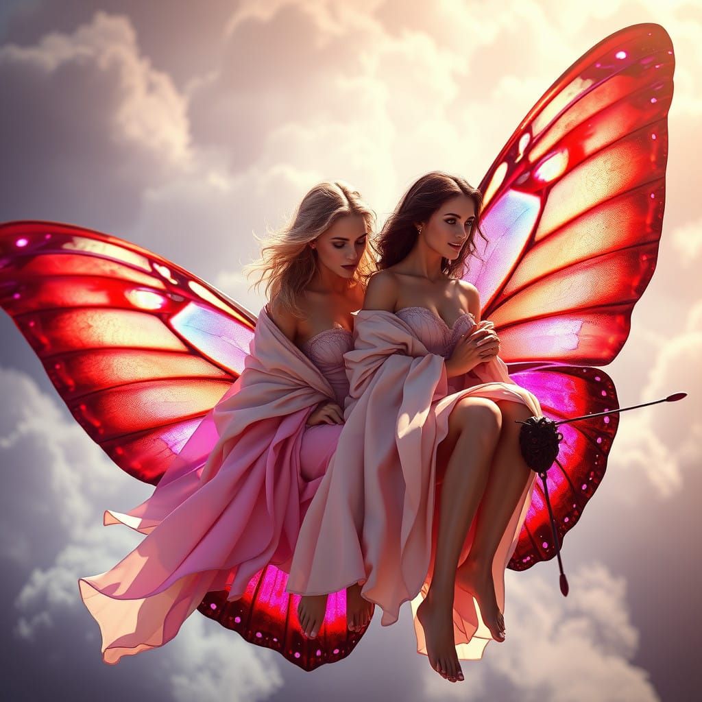 Ethereal Sirens Soar on a Giant Red Admiral Butterfly