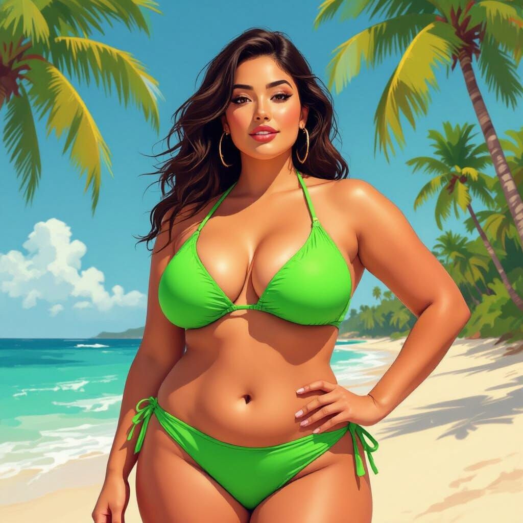 Curvy Woman in Green Bikini on Sunny Beach