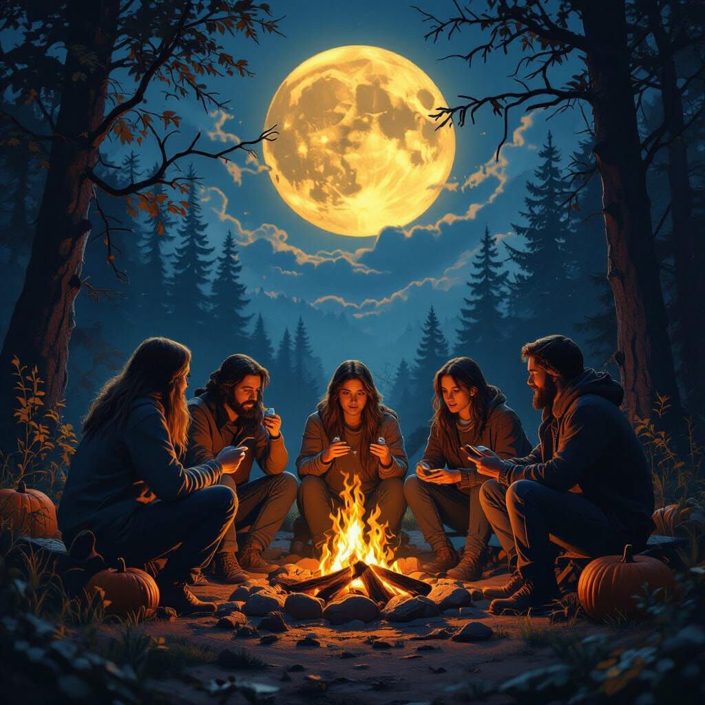 Friends Sharing Ghost Stories on Harvest Moon Night
