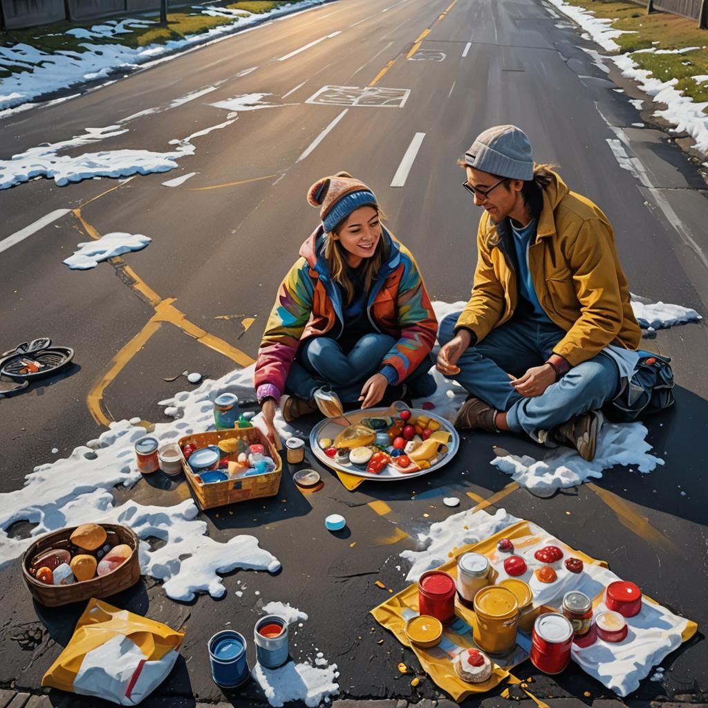 Street Artist's Surreal Highway Picnic, Impasto Oil Painting