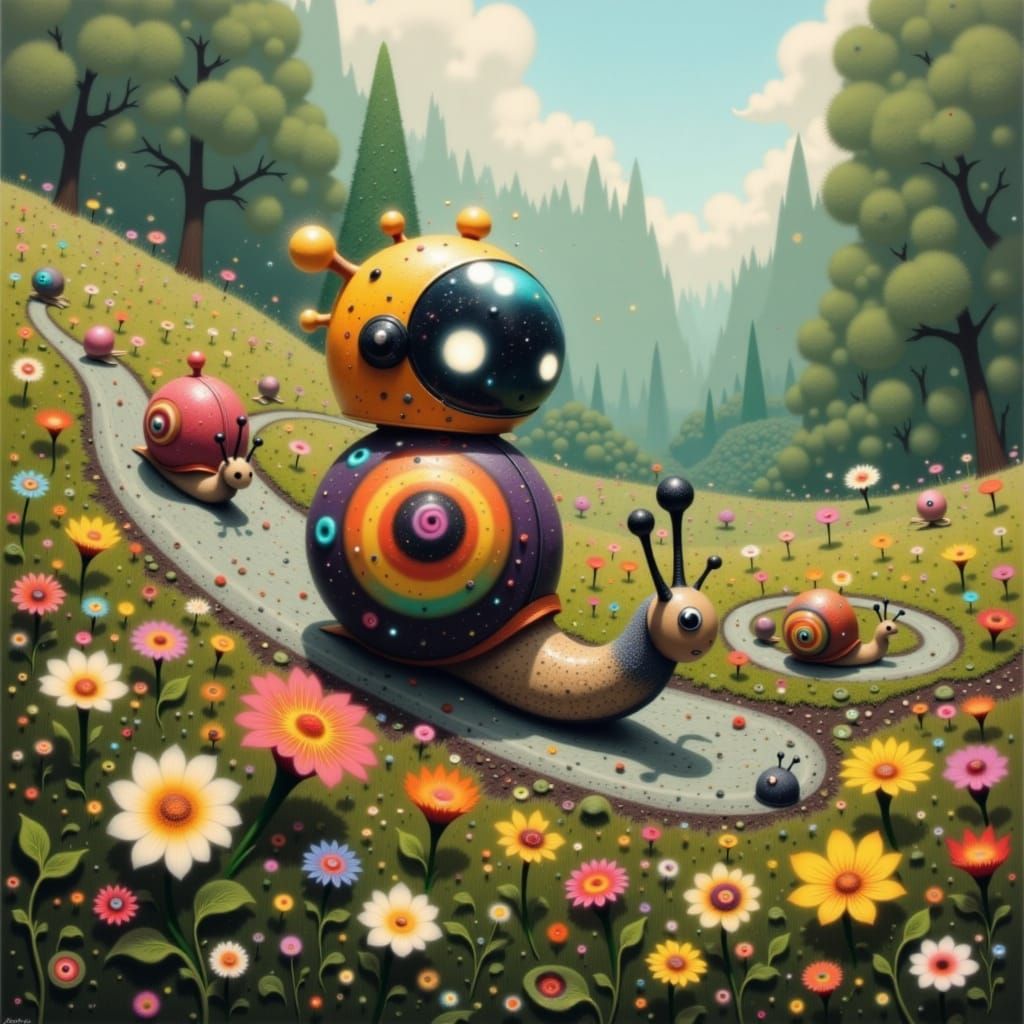 Snails Race in Whimsical Garden Setting